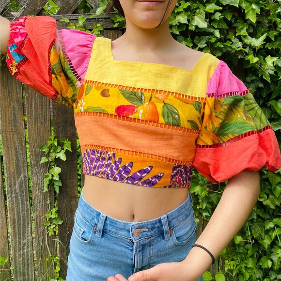 FARM Rio Rainbow Mixed Prints Tiered Linen Blend Crop Top Womens Size XS Orange - Picture 8 of 11